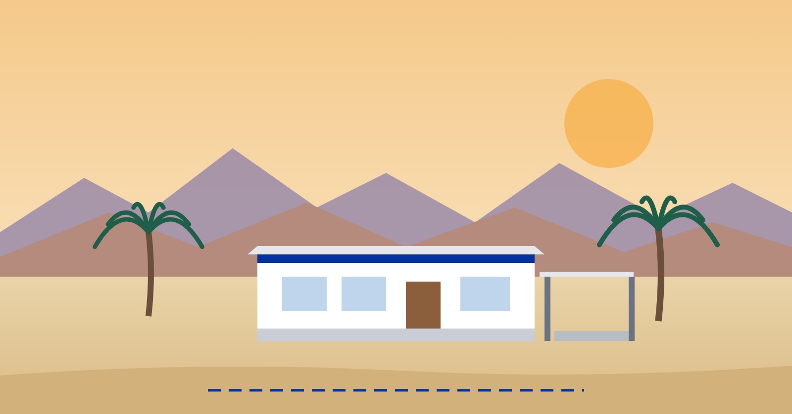 Illustration of a manufactured home with a carport and palm trees in front of desert mountains