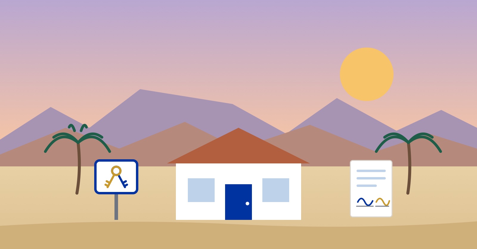 Illustration of a house in front of desert mountains, with a sign showing two keys and a deed with two signatures