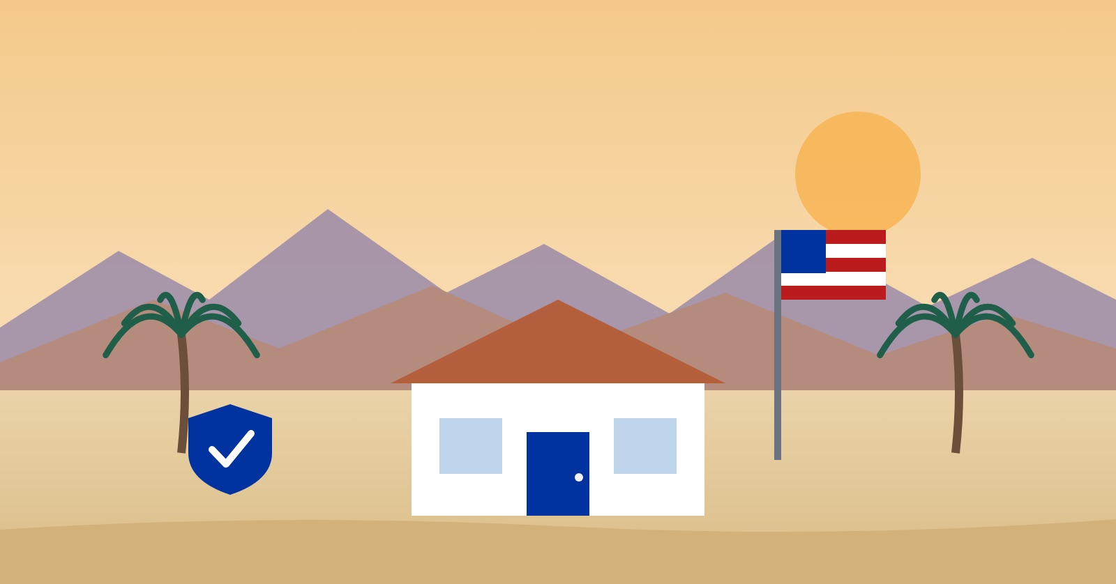 Illustration of a house with an American flag and a shield with a check mark in front of desert mountains